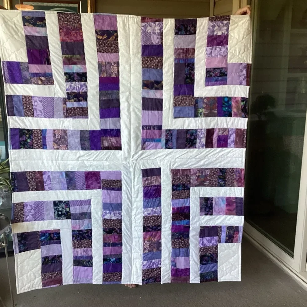 NWT. Hand Crafted Purples and White Patchwork Quilt